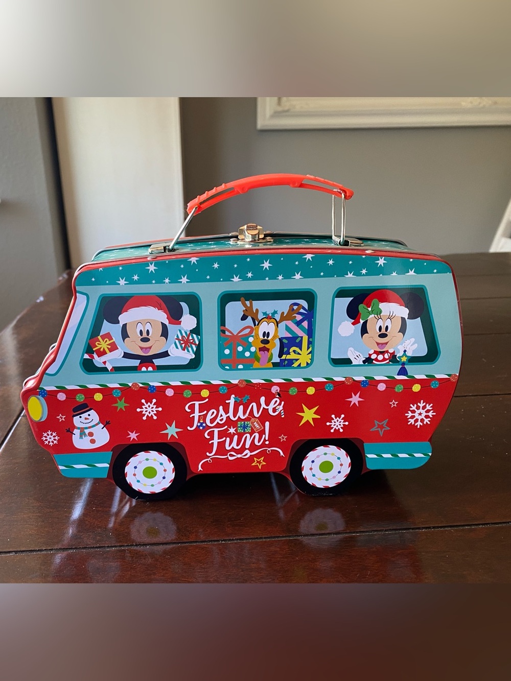 Disney Festive Fun! Holiday Tin Toy Bus -Like New- Can be used as a lunchpail